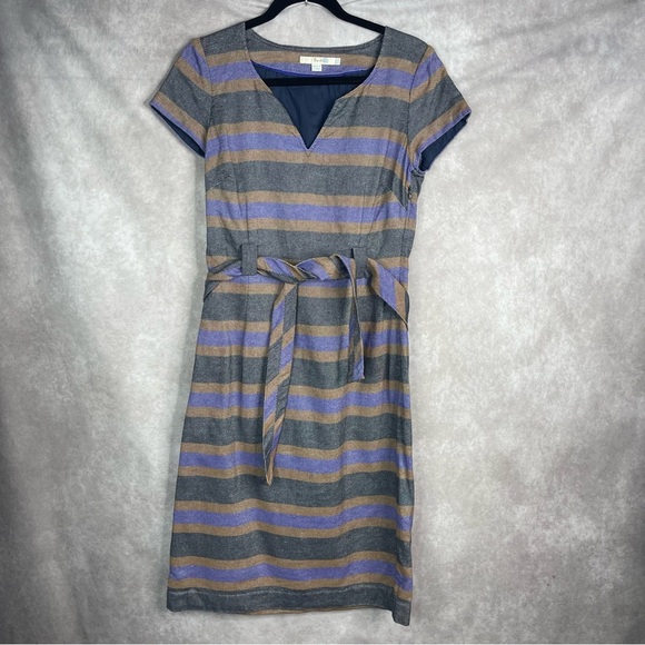 Boden Notch Linen Blend Textured Striped Shift Dress In Multi Women's Sz 6 Long - Picture 1 of 6